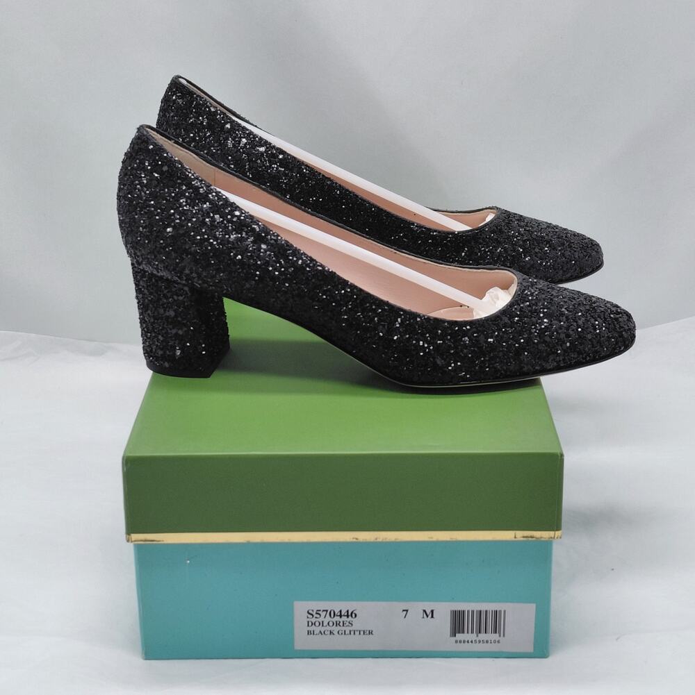 $238 Kate Spade Womens Heels Size 7M Black Glitter Pumps Wedding Party Holiday